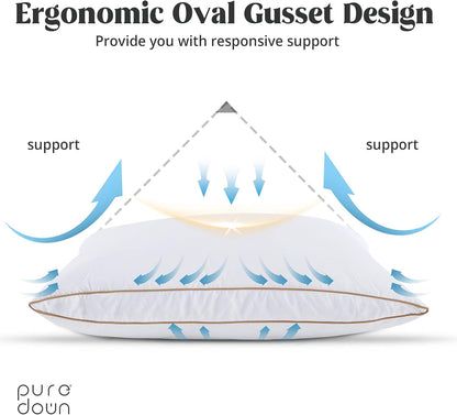 ® Natural Goose down Feather Pillows for Sleeping Oval Gusseted Feather down Pillow 100% Cotton Pillow Cover with Leaf Quilting King Set of 2
