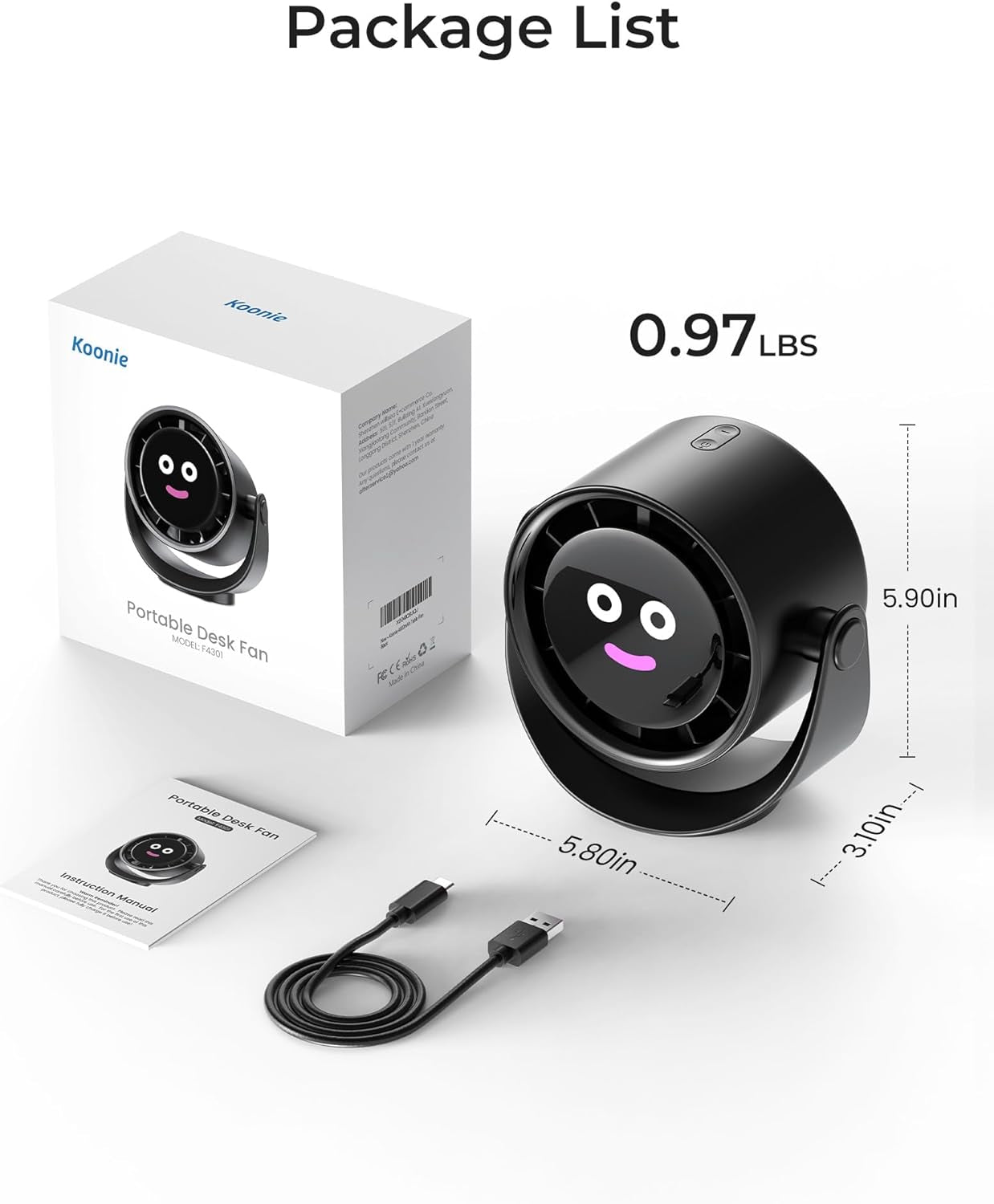 Desk Fan, LED Display Mini Table Fan, Rechargeable Personal Fan with 4000Mah Battery, Max. 17H Use, 5 Speeds, 360°Tilt, USB-C Charging, Quiet Small Portable Fan for Home, Office, Camp, Travel