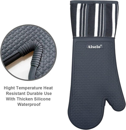 Silicone Oven Mitts Heat Resistant 550 Degree Extra Long Kitchen Gloves Pot Holders with Waterproof and Non-Silp for Baking Cooking Barbecue Microwave Machine Washable (Extra Long Grey, 2)