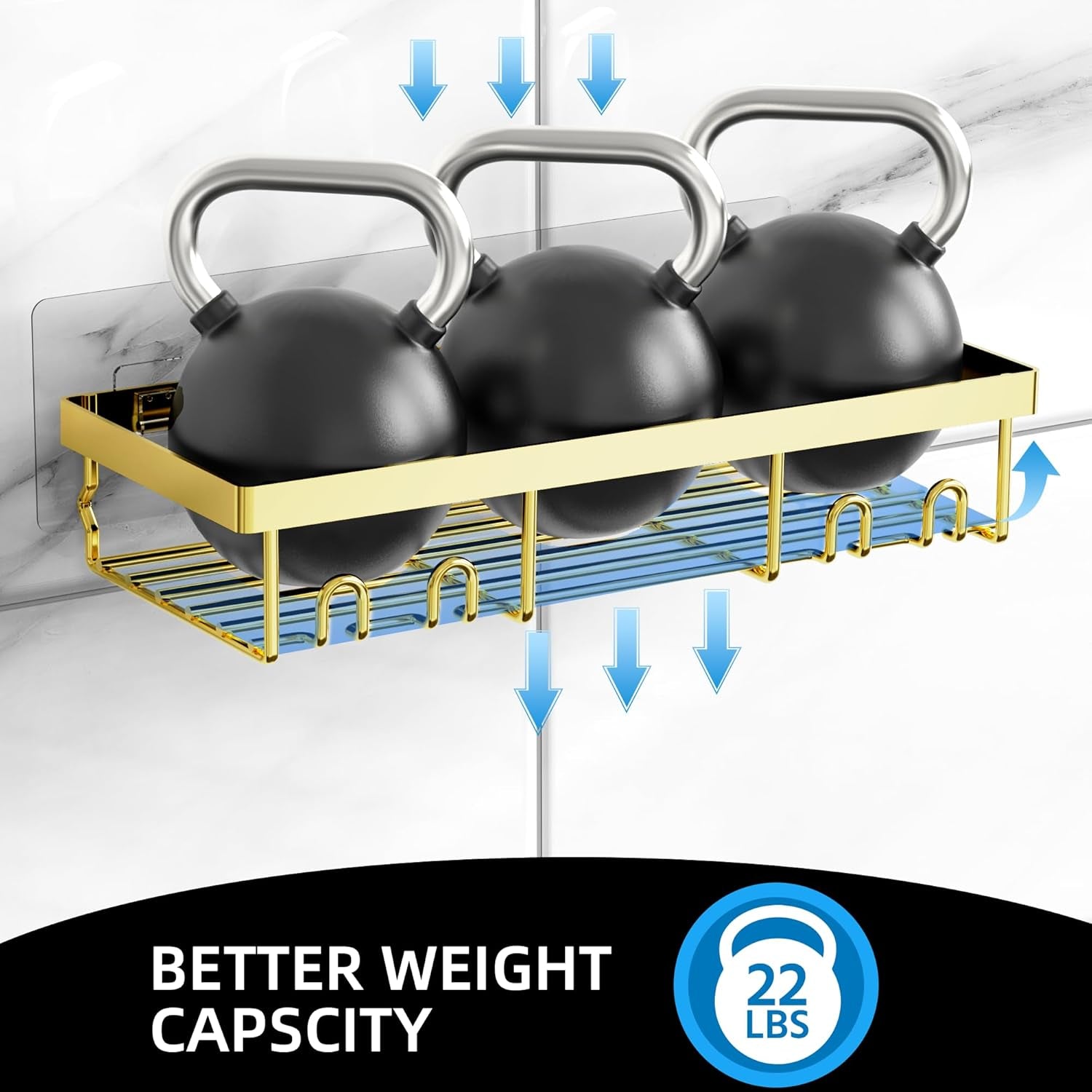 3-Pack Shower Caddy Basket Shelf with Soap Holder, No Drilling Traceless Adhesive Shower Wall Shelves, Rustproof Gold Bathroom Shower Storage Organizer