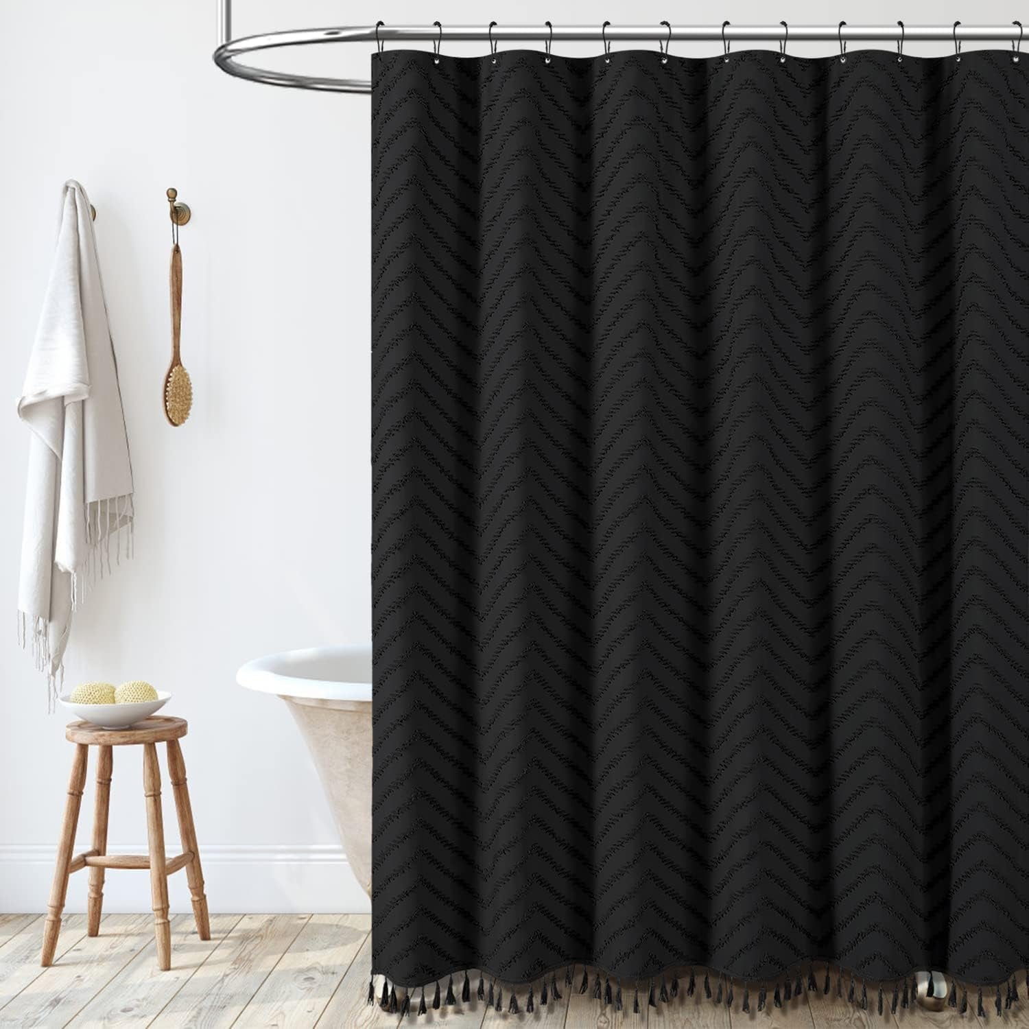 Boho Farmhouse Shower Curtain, Black Fabric Tufted Chevron Striped Textured Tassel Shower Curtains for Bathroom, Water Repellent, Minimalist Ruffled Cloth Shower Curtain Set with Hook, 72X72