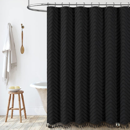 Boho Farmhouse Shower Curtain, Black Fabric Tufted Chevron Striped Textured Tassel Shower Curtains for Bathroom, Water Repellent, Minimalist Ruffled Cloth Shower Curtain Set with Hook, 72X72