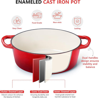 Oval Dutch Oven with Lid, Enameled Cast Dutch Oven Pot for Bread Baking, Braising, Stewing, Roasting, Non-Stick & Oven Safe, Dual Handles & Easy Clean, 5QT & Red