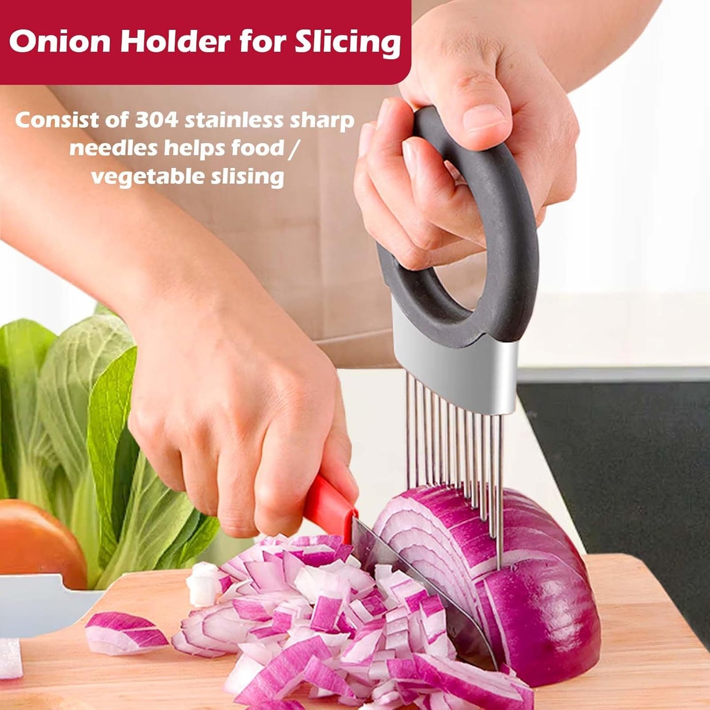 Onion Holder for Slicing, Onion Cutter Vegetable Chopper, Stainless Steel Tomato Potato Slicer, Meat Tenderizer Tool, Convenient Grip Food Slicer Assistant, Food Slice Guide for Vegetable Fruit