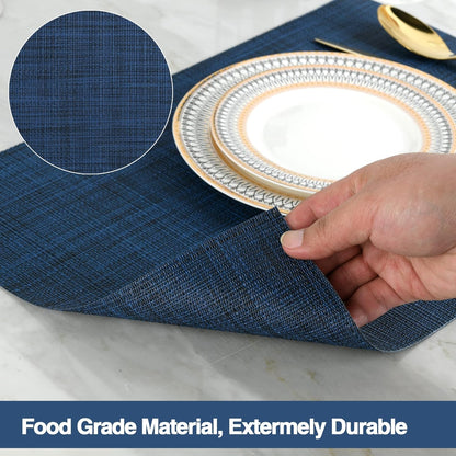 Navy Blue Vinyl Placemats Set of 4 - Washable and Heat Resistant Table Mats for Dining - 17 x 12 Inches