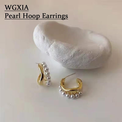 Pearl Hoop Stud Earrings for Women,  14K Gold Square Double Hoop Earrings Dainty Lightweight Studs Jewelry Graduation Birthday Gift for Girls Trendy Earring