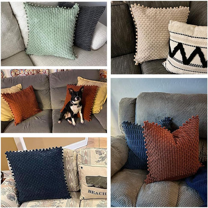 Set of 2 Rust Decorative Throw Pillow Covers 18X18 Inch with Pom-Poms for Couch Bed Sofa, Modern Farmhouse Boho Home Decor, Soft Plush Corduroy Terracotta Cushion Case 45X45 Cm