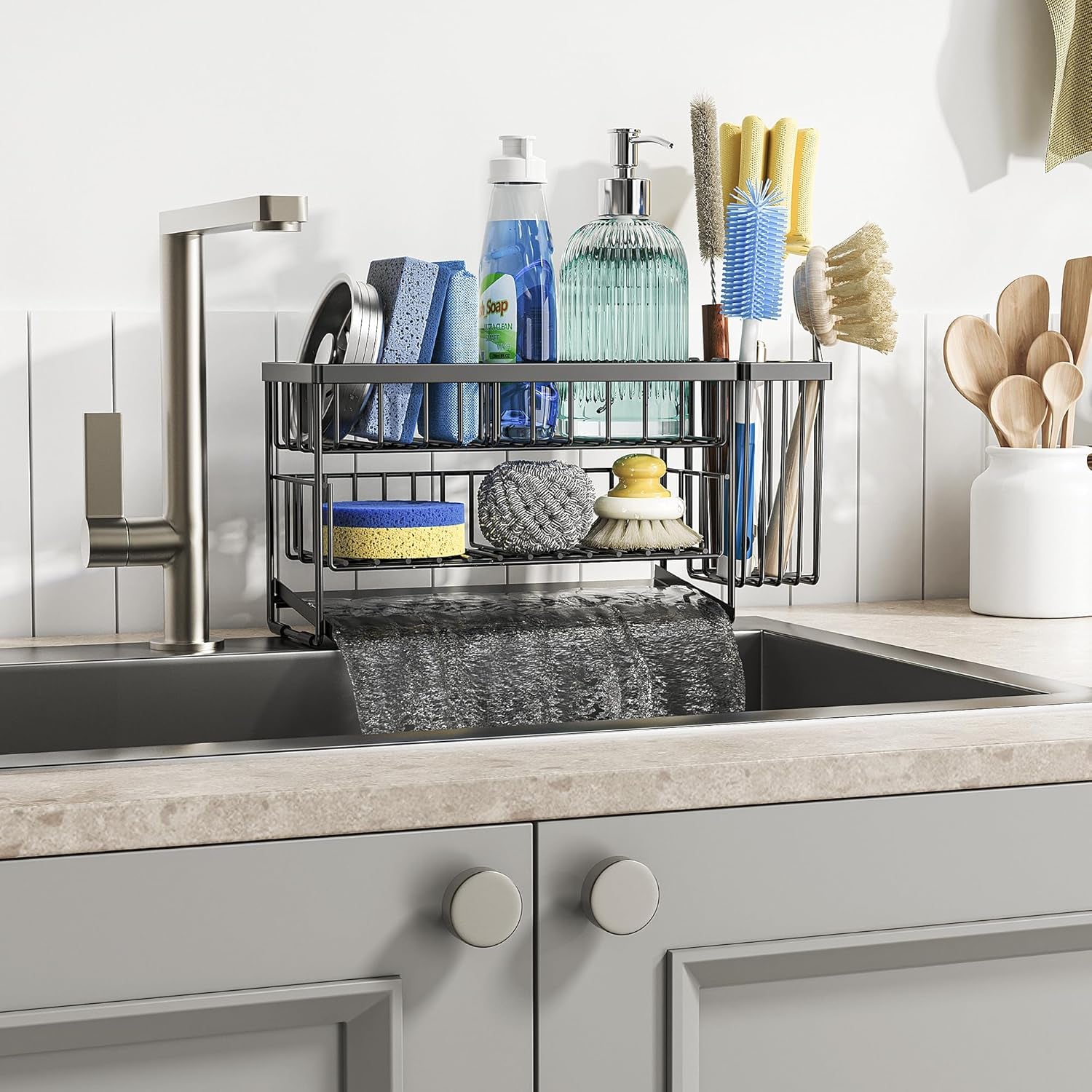 2-Tier Kitchen Sink Caddy Organzier Rack with Flexible Dish Brush Holder, Sponge Holder for Kitchen Sink Countertop Organization Storage,Home Decor Accessories Essentials Stainless Steel