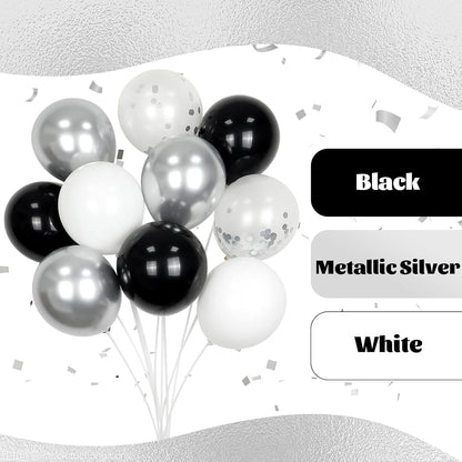 60Pcs Black and Silver Balloons 12Inch, Black and White Balloons with Metallic Silver Confetti Balloons for Baby Shower Wedding Birthday Graduation Party Decorations