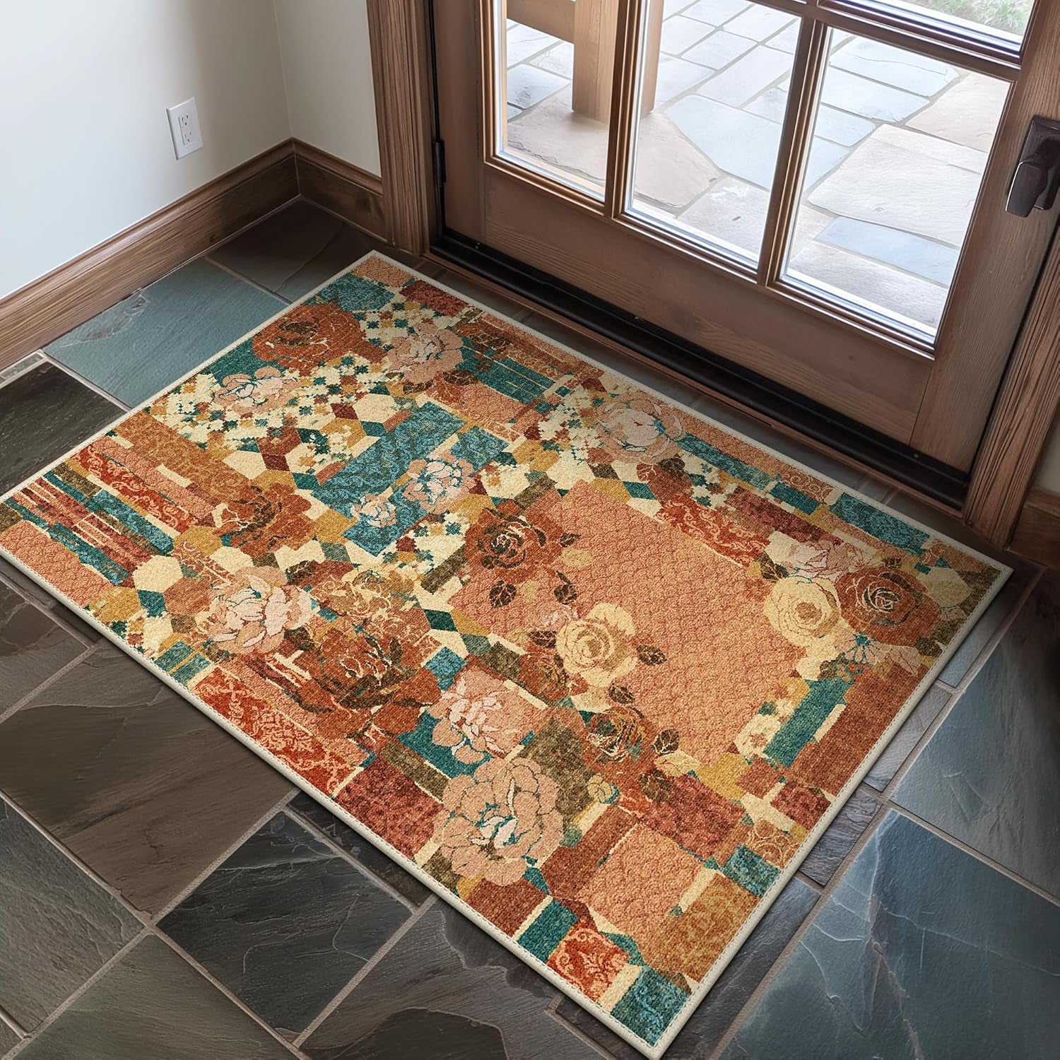 Area Rug 2X3 Doormat, Machine Washable Low Pile Rugs, Small Floral Patchwork Retro Chenille Entryway Mat for Entrance, Hallway, Kitchen and Corridor, Rose Red