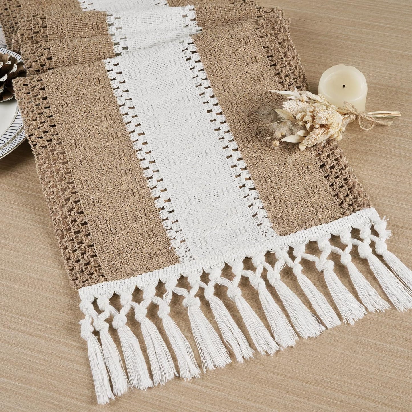 Boho Table Runner for Home Decor with Tassels 72 Inches Long Farmhouse Rustic Brown Macrame Burlap Table Decoration for Living Room Bridal Shower (12X72 Inches)