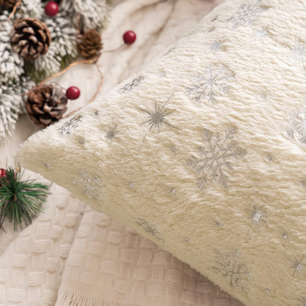 Set of 2 Christmas Decorative Throw Pillow Covers Soft Faux Fur Winter Pillow Covers with Silver Snowflake Glitter Holiday Festival Pillowcases for Couch Sofa Bed, 18×18Inch, Beige
