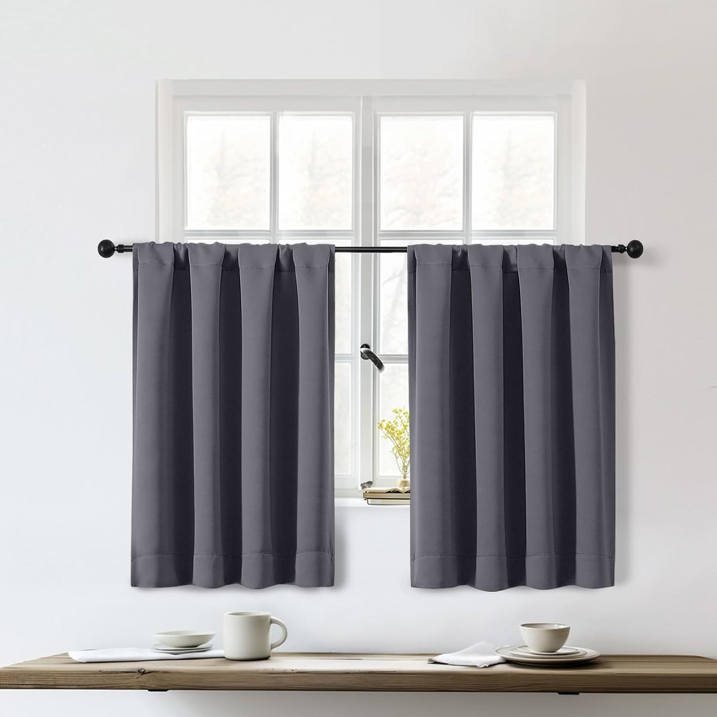 Sally Grey Short Blackout Curtains 36 Inch Length 2 Panels Set, Half Window Rod Pocket Privacy Room Darkening Curtain Tiers for Kitchen Bathroom, 2 Pcs Each W40 X L36 Inch, Grey