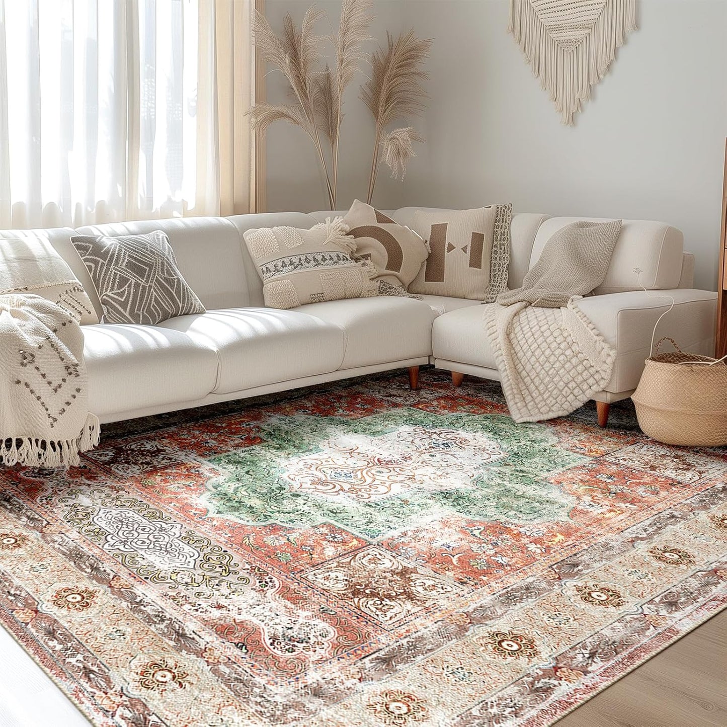 6X9 Area Rugs Machine Washable No Pile Non Slip Vintage Rugs for Living Room&Bedroom&Dinning Room Bohemian Distressed Carpet Indoor,Brick