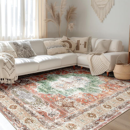 6X9 Area Rugs Machine Washable No Pile Non Slip Vintage Rugs for Living Room&Bedroom&Dinning Room Bohemian Distressed Carpet Indoor,Brick