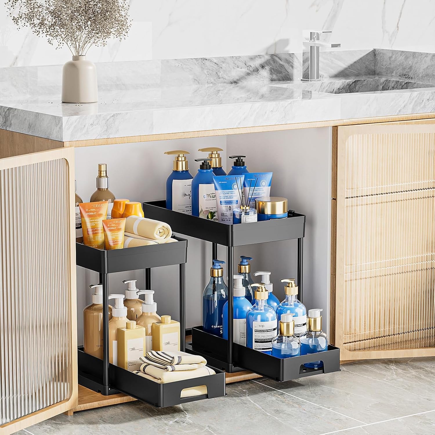 2 Pack under Sink Organizers and Storage, 2 Tier Pull Out under Cabinet Organizer, Black under Sink Storage for Bathroom Kitchen, under Counter Storage Organizer with 8 Hooks