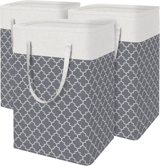 3-Pack Freestanding Waterproof Laundry Hamper, Collapsible Tall Clothes Basket with Easy Carry Handles for Family and Dorm Use, Clover Grey, 75L