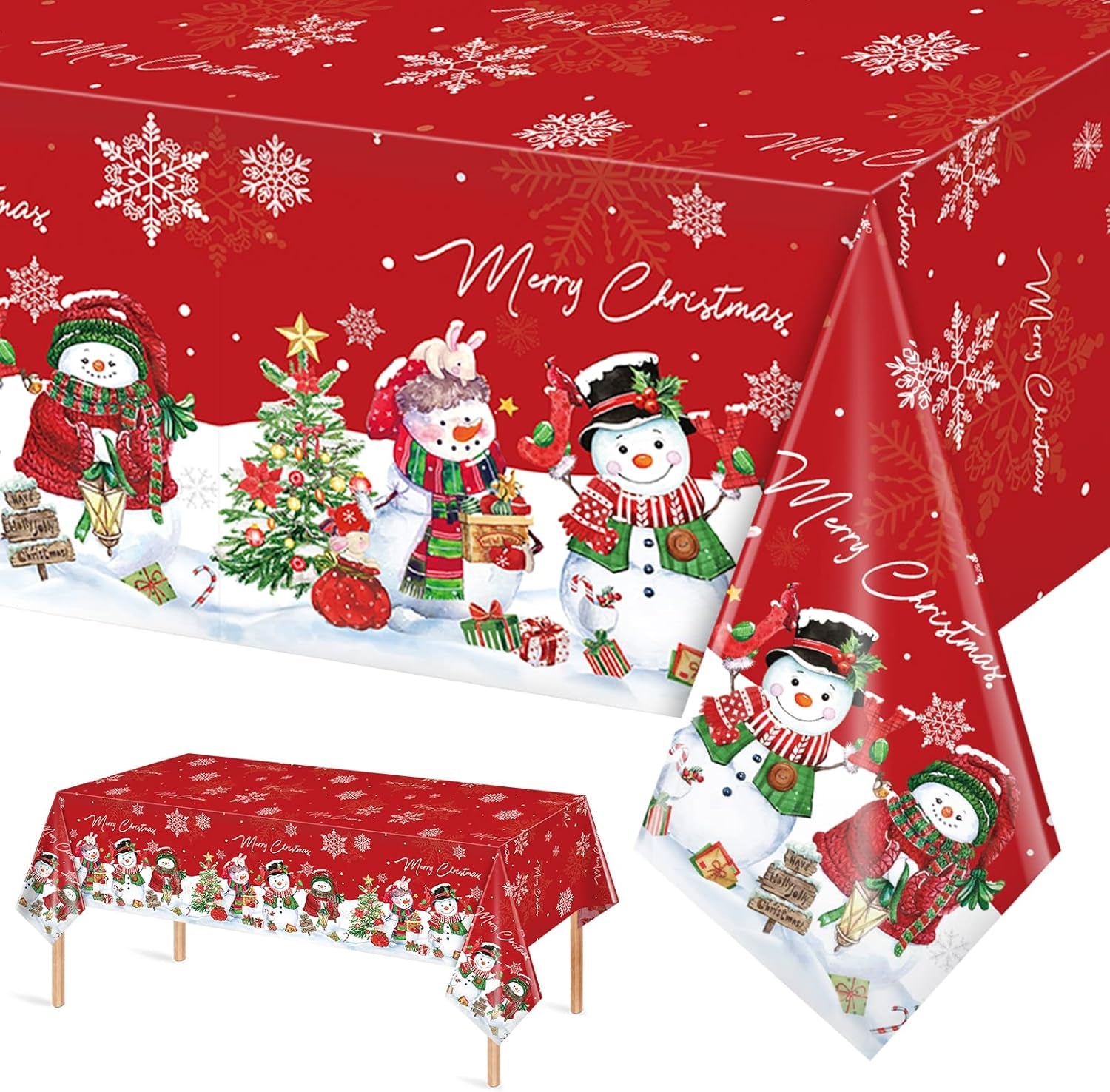 1Pcs Christmas Snowman Tablecloth,Plastic Christmas Snowman Snowflake Winter Table Cover with Xmas Tree for Winter Holiday Themed Party Decorations and Supplies,54X 108Inch（Red）
