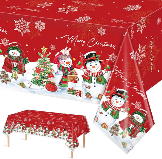 1Pcs Christmas Snowman Tablecloth,Plastic Christmas Snowman Snowflake Winter Table Cover with Xmas Tree for Winter Holiday Themed Party Decorations and Supplies,54X 108Inch（Red）