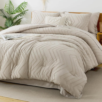 King Size Comforter Set with Sheets Beige - 7 Pieces Bed in a Bag King Chevron Tufted Boho Luxury Bedding Sets with Comforter, Sheets, Pillowcases & Shams