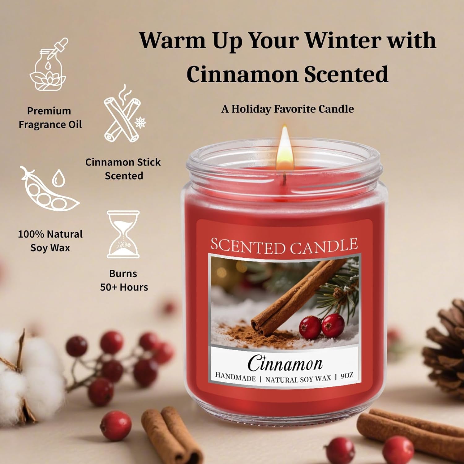 Cozy 9OZ Cinnamon Candle Scented Strong, Christmas Candles Cinnamon Stick Apple Scented with 50+ Hours of Burn Time, Fall & Winter Christmas Candles Gifts & Hoilday Home Décor
