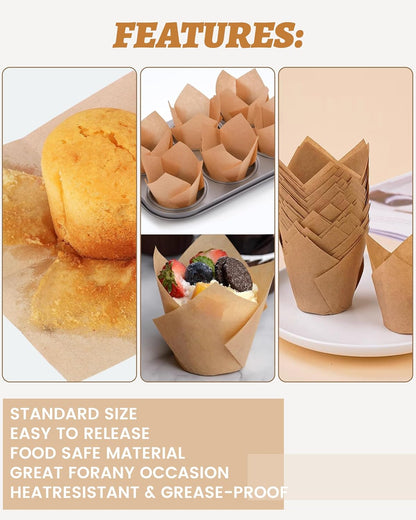 220Pcs Tulip Cupcake Liners for Baking Cups,Greaseproof Cupcake Wrappers in Standard Size,Parchment Paper Tulip Muffin Liners,Natural