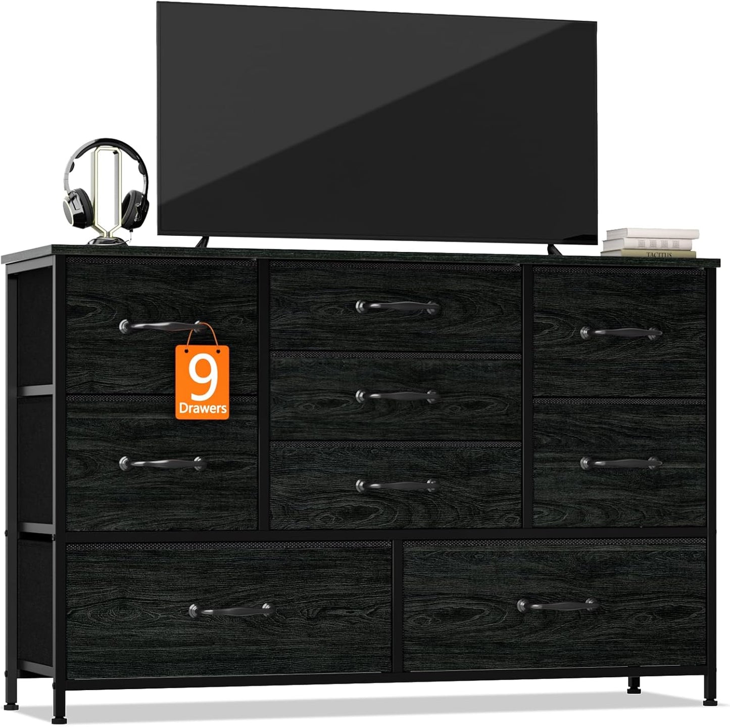 Bedroom Dresser with Nine Spacious Drawers - 55-Inch Long Chest TV Stand and Entertainment Center, Wood Shelf Storage Solution for Living Room, Dorm, Closet, and Entryway, Featuring a Sturdy Metal Frame in Black Oak