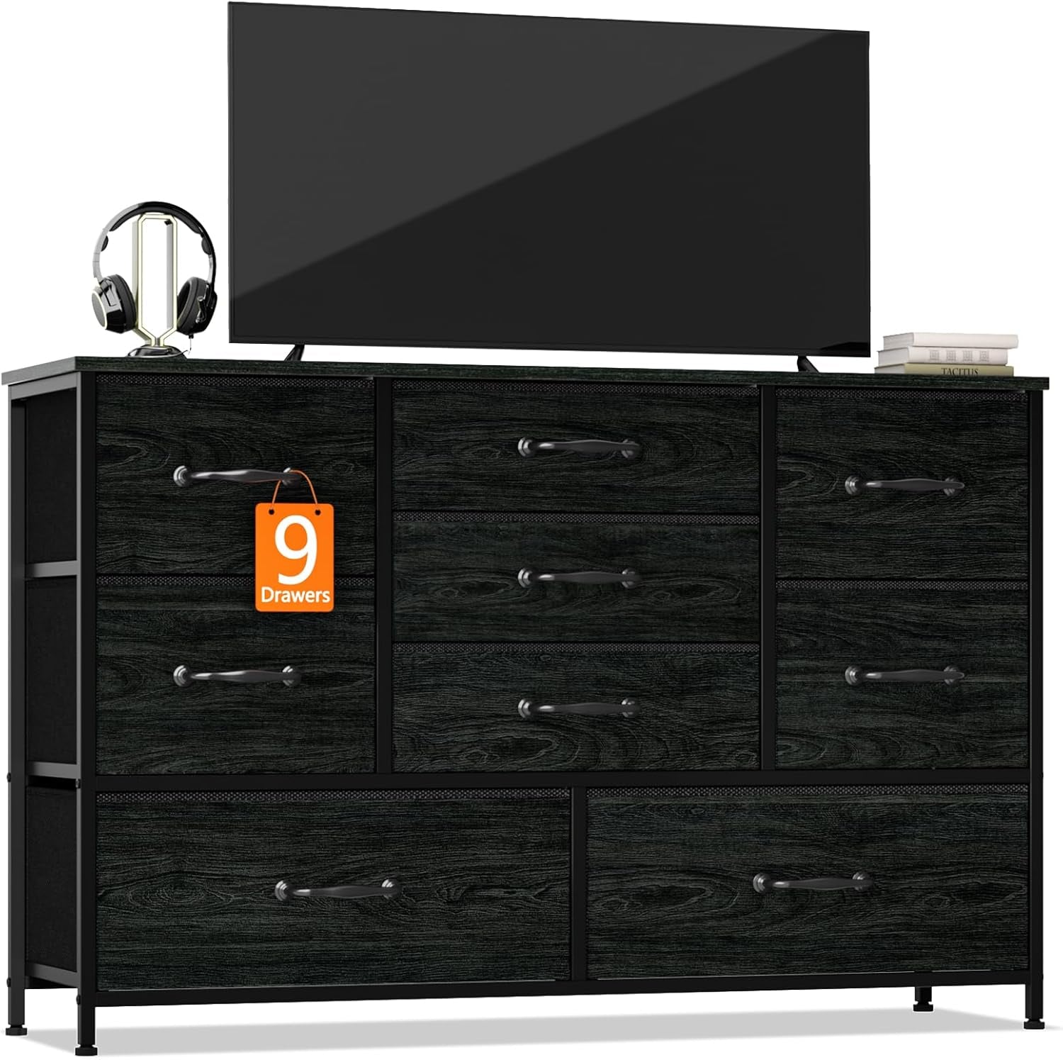 Bedroom Dresser with Nine Spacious Drawers - 55-Inch Long Chest TV Stand and Entertainment Center, Wood Shelf Storage Solution for Living Room, Dorm, Closet, and Entryway, Featuring a Sturdy Metal Frame in Black Oak