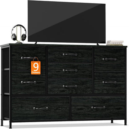 Bedroom Dresser with Nine Spacious Drawers - 55-Inch Long Chest TV Stand and Entertainment Center, Wood Shelf Storage Solution for Living Room, Dorm, Closet, and Entryway, Featuring a Sturdy Metal Frame in Black Oak
