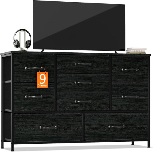 Bedroom Dresser with Nine Spacious Drawers - 55-Inch Long Chest TV Stand and Entertainment Center, Wood Shelf Storage Solution for Living Room, Dorm, Closet, and Entryway, Featuring a Sturdy Metal Frame in Black Oak