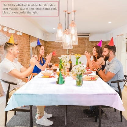 Set of 4 White Iridescent Disposable Tablecloths - 40 x 108 inches - Shiny Holographic Plastic Covers for Party, Wedding, and Banquet Decor