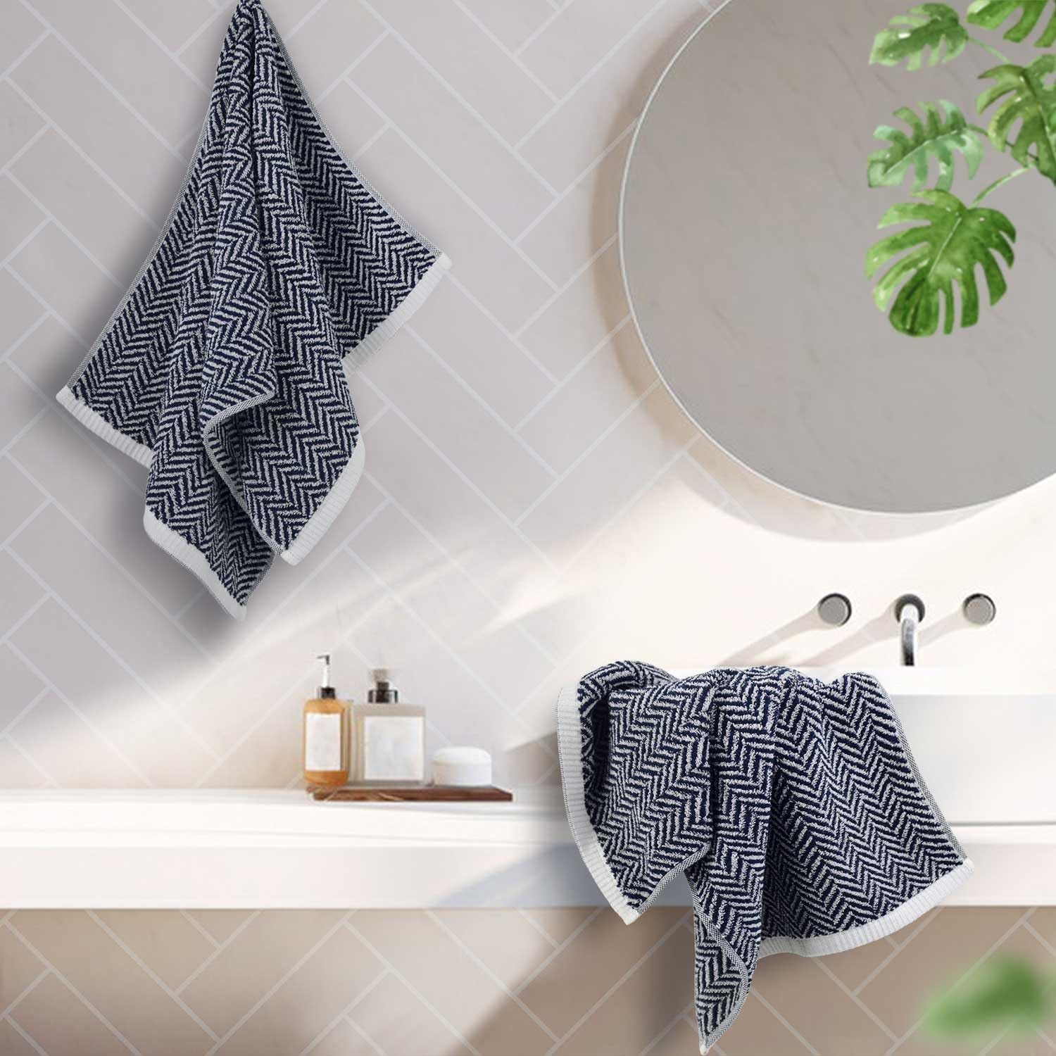 Hand Towels for Bathroom with Decorative Herringbone Stripes, 100% Cotton, 13 X 28 Inches, Navy-Blue and White, 2 Pack