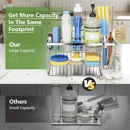 Silver 2-Tier Kitchen Sink Caddy Organzier Rack with Flexible Dish Brush Holder, Sponge Holder for Kitchen Sink Countertop Organization Storage,Home Decor Stainless Steel