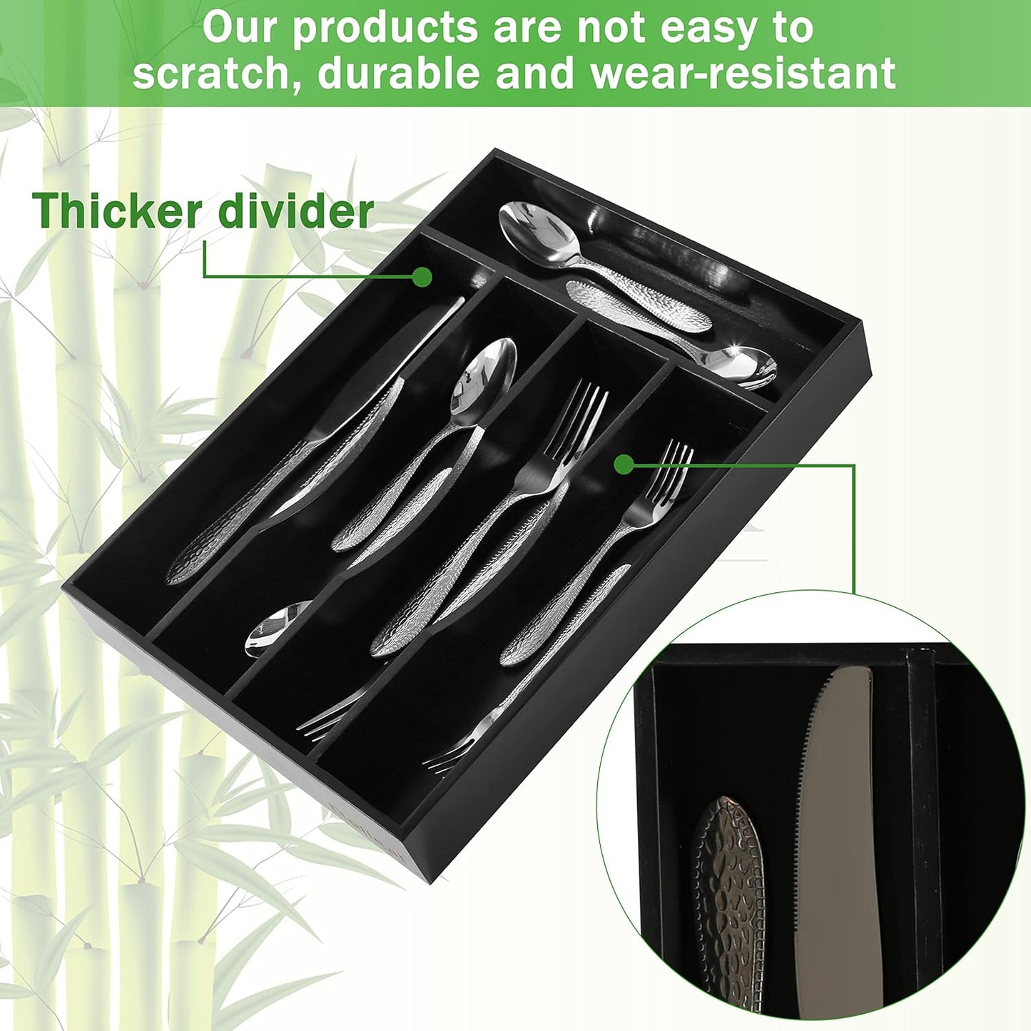 Black Silverware Organizer 10 in Utensil Organizer Silverware Tray for Drawer Cutlery Flatware Organizer for Kitchen Bamboo Wood