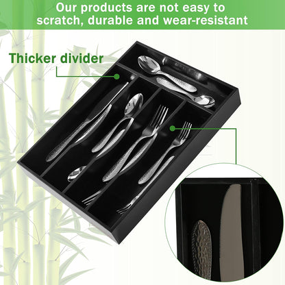 Black Silverware Organizer 10 in Utensil Organizer Silverware Tray for Drawer Cutlery Flatware Organizer for Kitchen Bamboo Wood