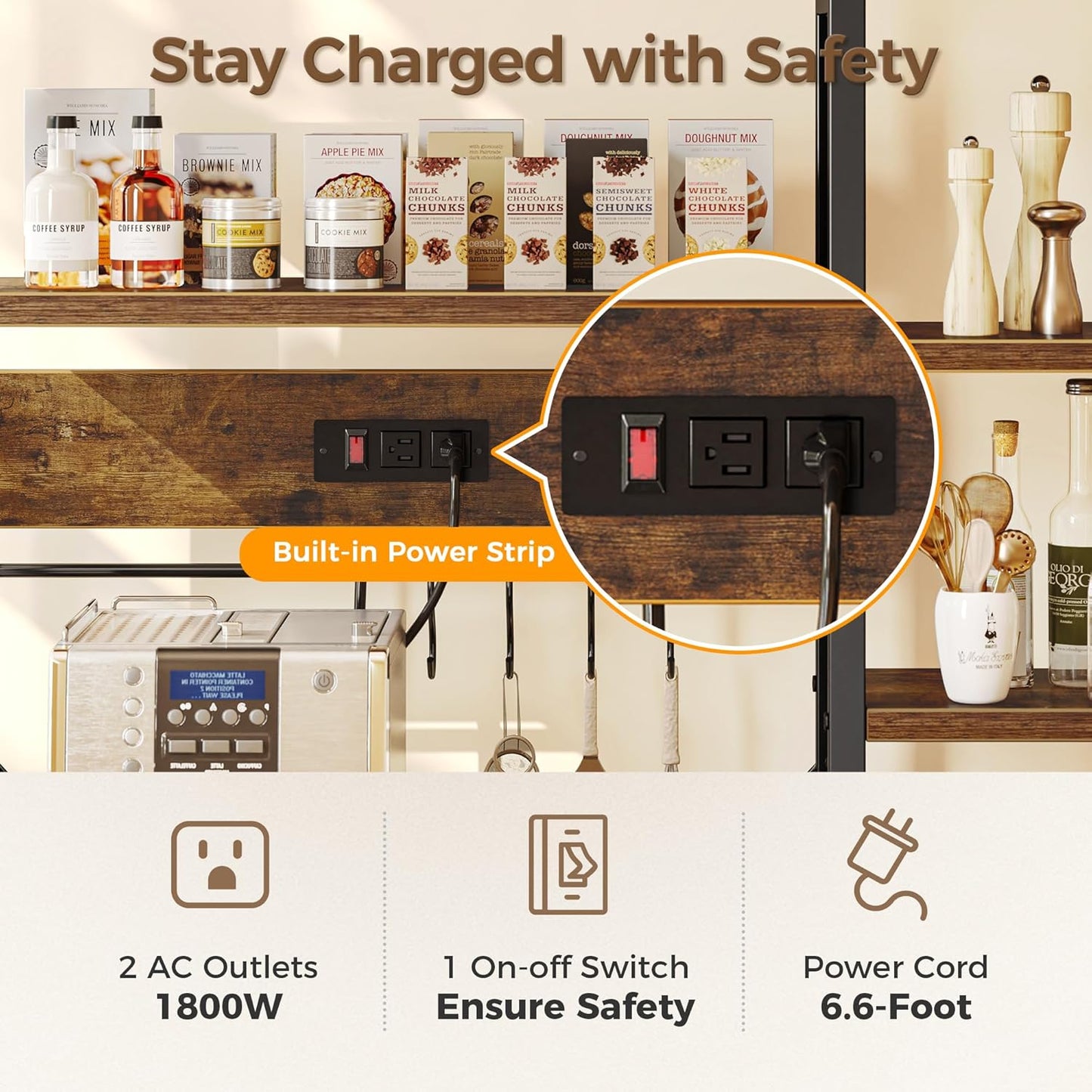 Large Rustic Brown Bakers Rack with Power Outlets, 6-Tier Microwave Stand and Coffee Bar, Featuring 12 S-Shaped Hooks and Wire Basket, Dimensions: 39.3 x 15.5 x 66.9 Inches