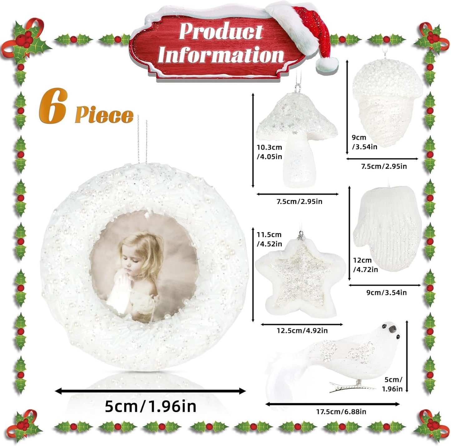 6 Pcs Christmas Tree Balls Ornaments Glitter Ball Xmas Hanging Decorations, Pre-Strung Shatterproof Ornaments White Painted Decorative Baubles for Party Wedding Christmas Decor