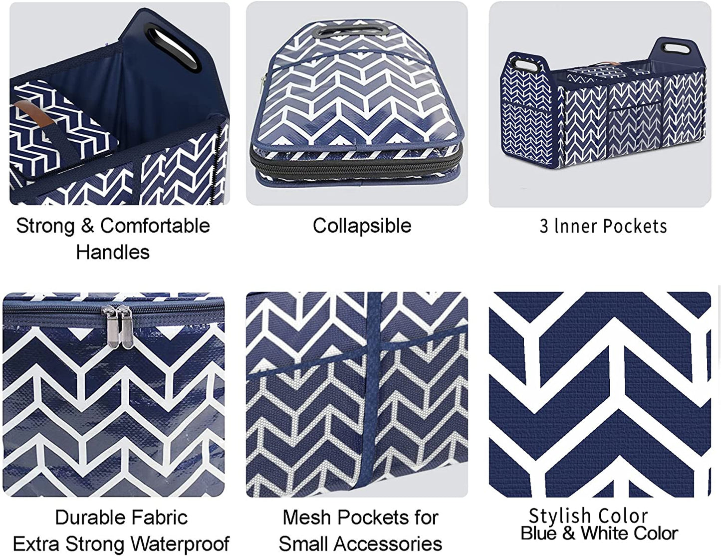 Foldable Car Trunk Organizer and Insulation Cooler Bag with Collapsible Design and Three Compartments for SUV Storage, Navy Blue