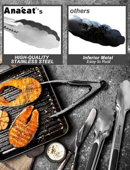 7" Mini Cooking Tong Stainless Steel - Sturdy Coiled Spring Locking Kitchen Food Tong with Non-Slip Silicone Grip for Serving, Cooking, Baking - Heat Resistant up to 480°F (Black)