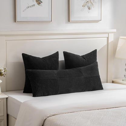 Black Lumbar Decorative Throw Pillow Covers 12X20 Inch for Living Room Couch Bed Sofa, Rustic Farmhouse Boho Home Decor, Soft Striped Corduroy Rectangle Accent Cushion Case 30X50 Cm