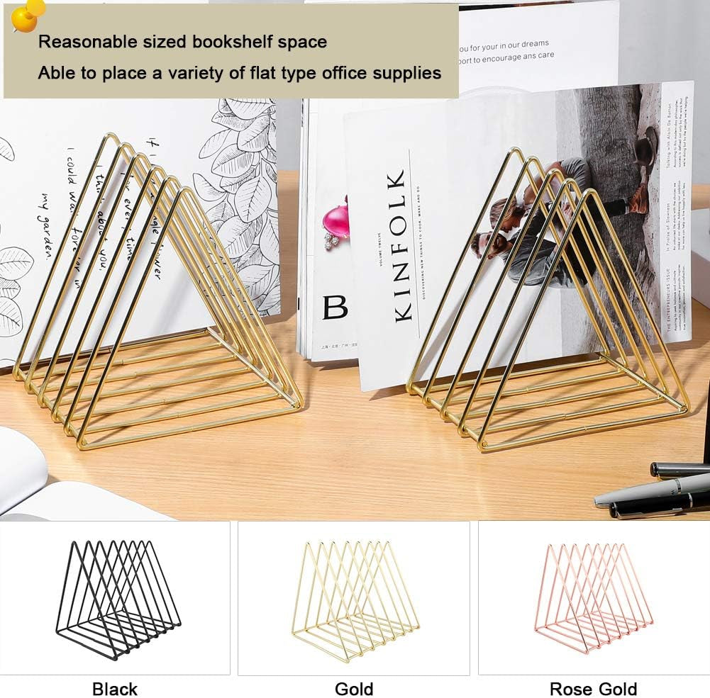 Triangle Desk Organizers Metal Wire Magazine Holder 7 Sections Decorative File Folder Organizer Vinyl Record Storage Office for Desk - Gold Magazine File Holder - Pack of 2