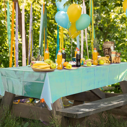 Set of 2 Green Iridescent Disposable Tablecloths - 40 x 108 inches - Shiny Holographic Plastic Covers for Party, Wedding, and Banquet Decor