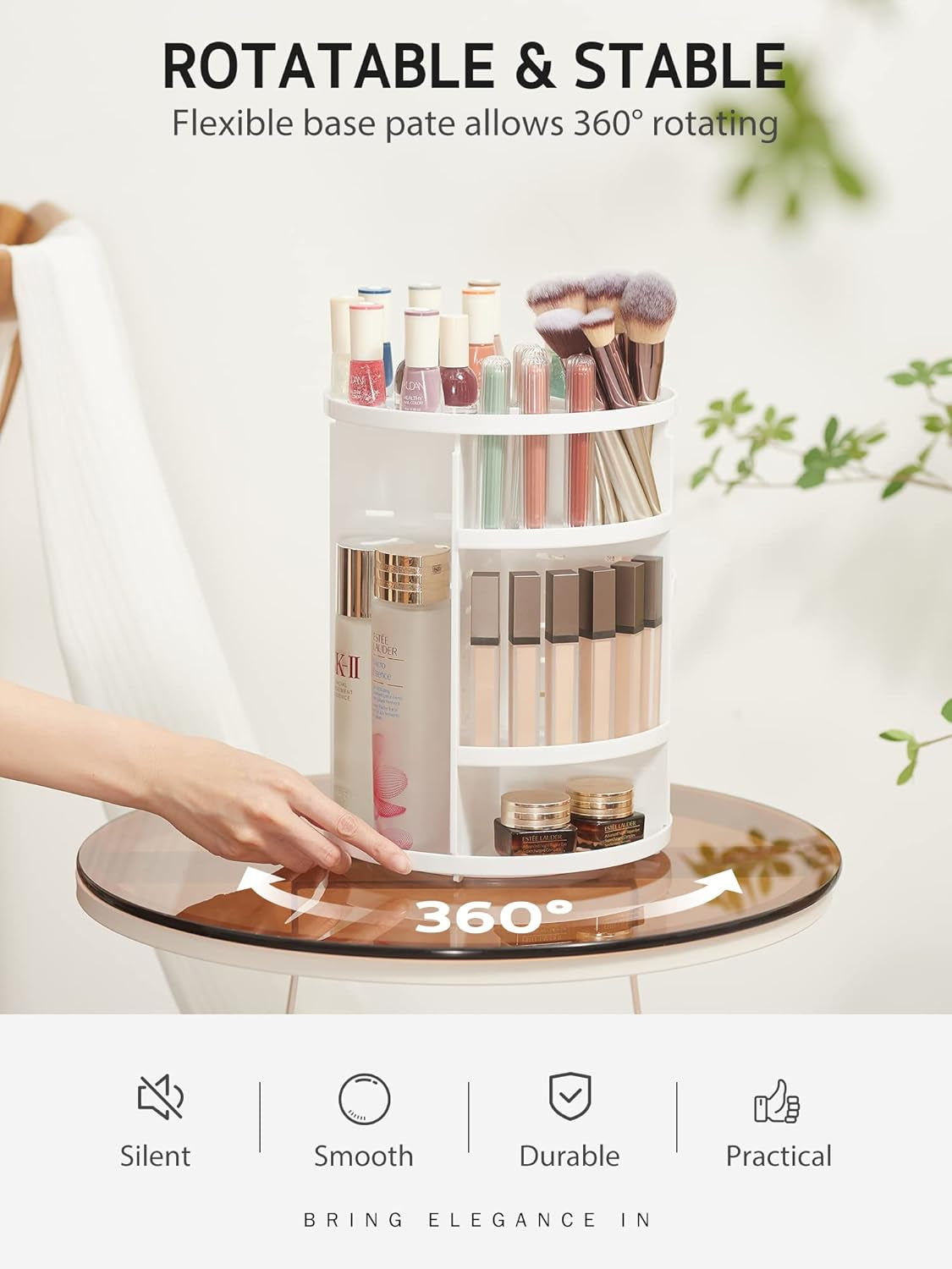 360 Rotating Makeup Organizer, DIY Adjustable Bathroom Makeup Carousel Spinning Holder Rack, Large Capacity Cosmetics Storage Box Vanity Shelf Countertop, Fits Makeup Brushes, Lipsticks, White