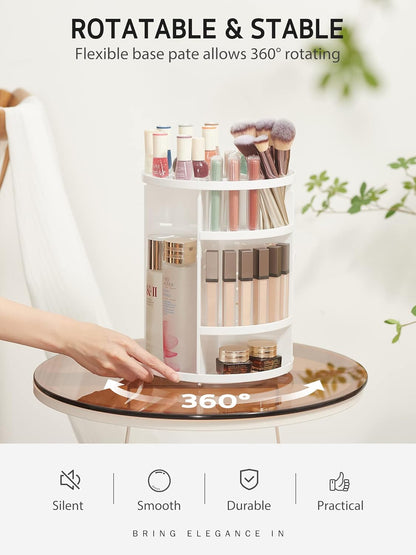 360 Rotating Makeup Organizer, DIY Adjustable Bathroom Makeup Carousel Spinning Holder Rack, Large Capacity Cosmetics Storage Box Vanity Shelf Countertop, Fits Makeup Brushes, Lipsticks, White
