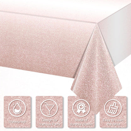 1 Pack Ombre Rose Gold Plastic Tablecloth for Parties, Gradient Pastel Rose Gold Disposable Tablecloths for Rectangle Tables, Light Pink Sprinkle Table Cover for Wedding Birthday Party, 54 X 108 Inch