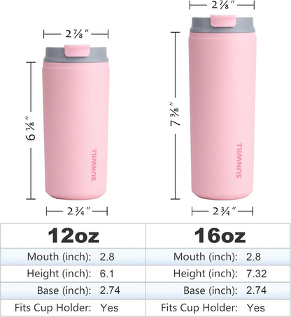 Insulated Coffee Mug with Lid, Leak Proof Tumbler Stainless Steel, 12 Oz Travel Cup for Office, Home, Powder Coated Light Pink