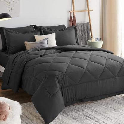 California King Comforter Set with 7 Pieces Bed in a Bag Dark Grey Cal King All Season Bedding with Comforter, Pillow Shams, Flat Sheet, Fitted Sheet and Pillowcases