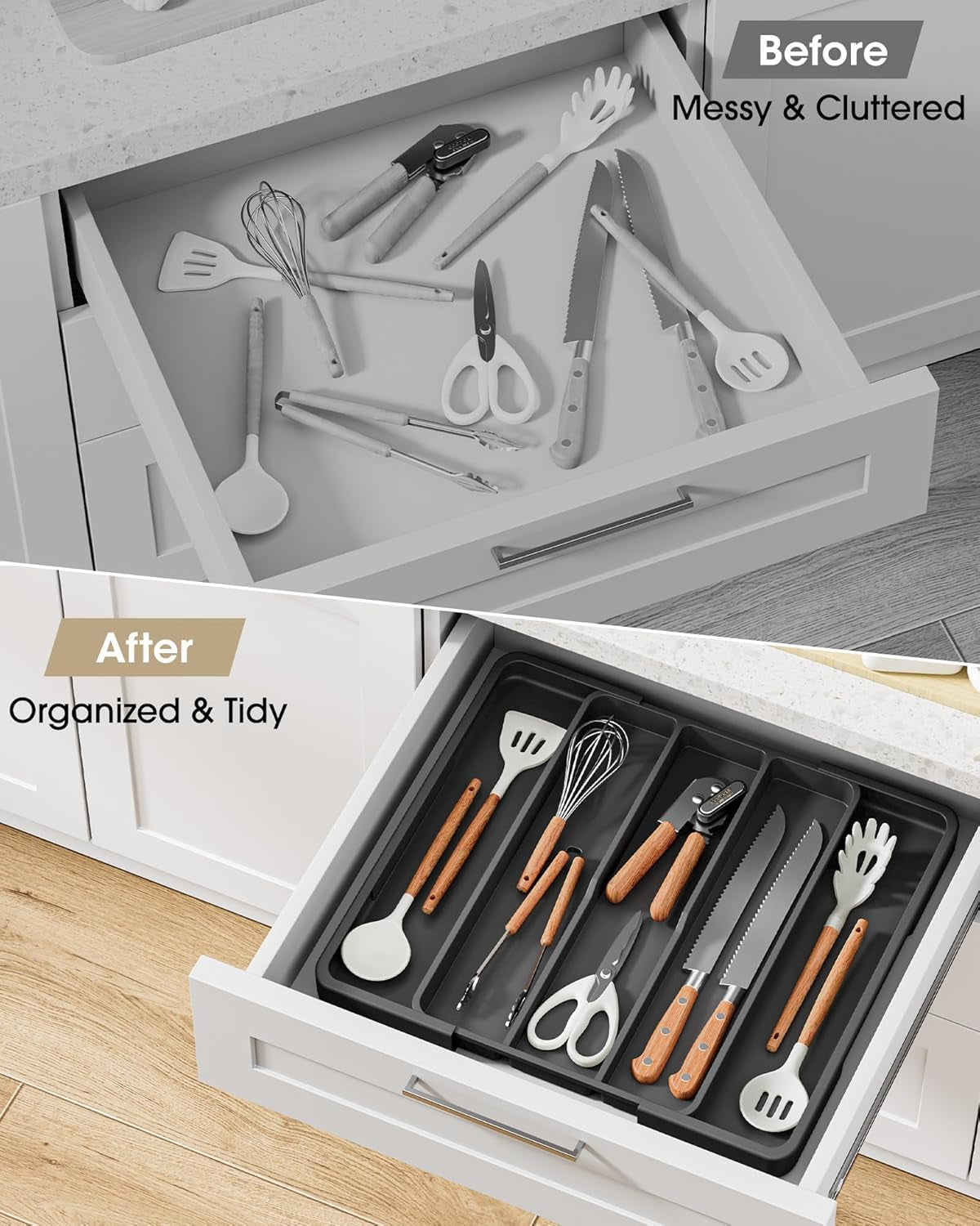 Silverware Organizer - Expandable Utensil Drawer Organizer with Non-Slip Pads, Adjustable Kitchen Drawer Organizer for Home, Apartment and Kitchen Essentials, Black, 13.6" X 1.4" X 11.0"~19.9"