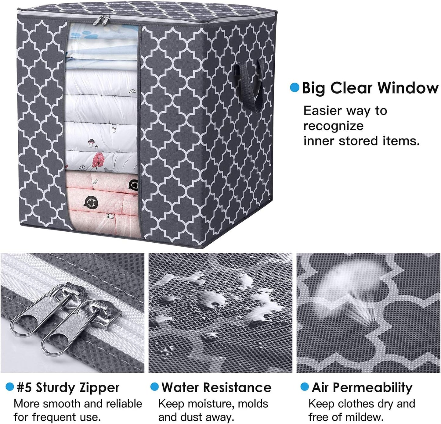 Storage Bags [3 Pack/100L] Large Blanket Clothes Organization and Storage Containers for Comforters,Bedding, Foldable Organizer with Reinforced Handle, Clear Window, Sturdy Zippers,Gray