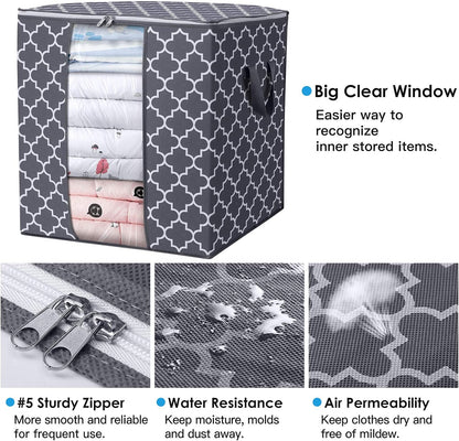 Storage Bags [3 Pack/100L] Large Blanket Clothes Organization and Storage Containers for Comforters,Bedding, Foldable Organizer with Reinforced Handle, Clear Window, Sturdy Zippers,Gray